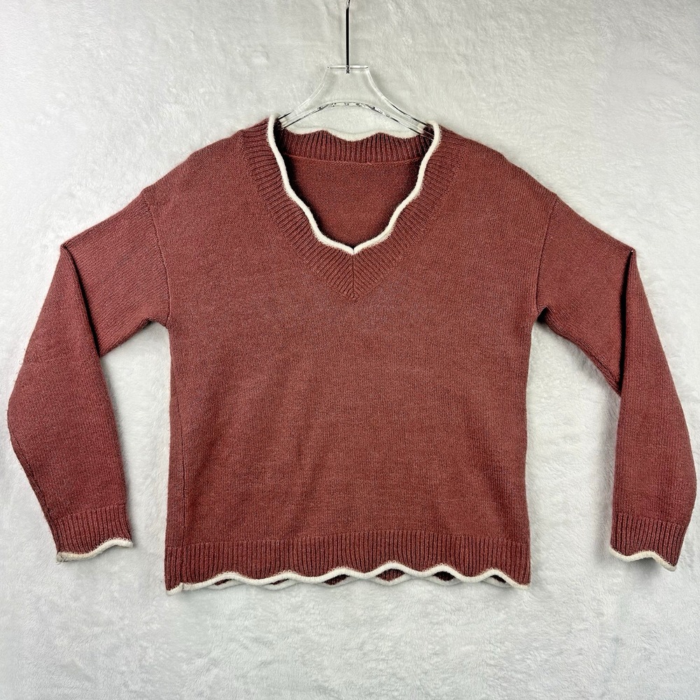 Unbranded Womens M‎ Long Sleeve Sweater V Neck Dusty Pink with Ivory Trim